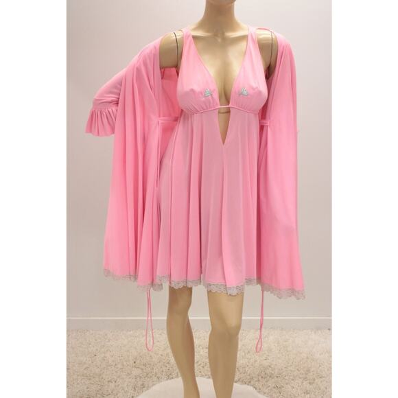 Vintage Lucie Ann Nightgown Peignoir Robe Set size 32 Pink Nylon Babydoll 1960s